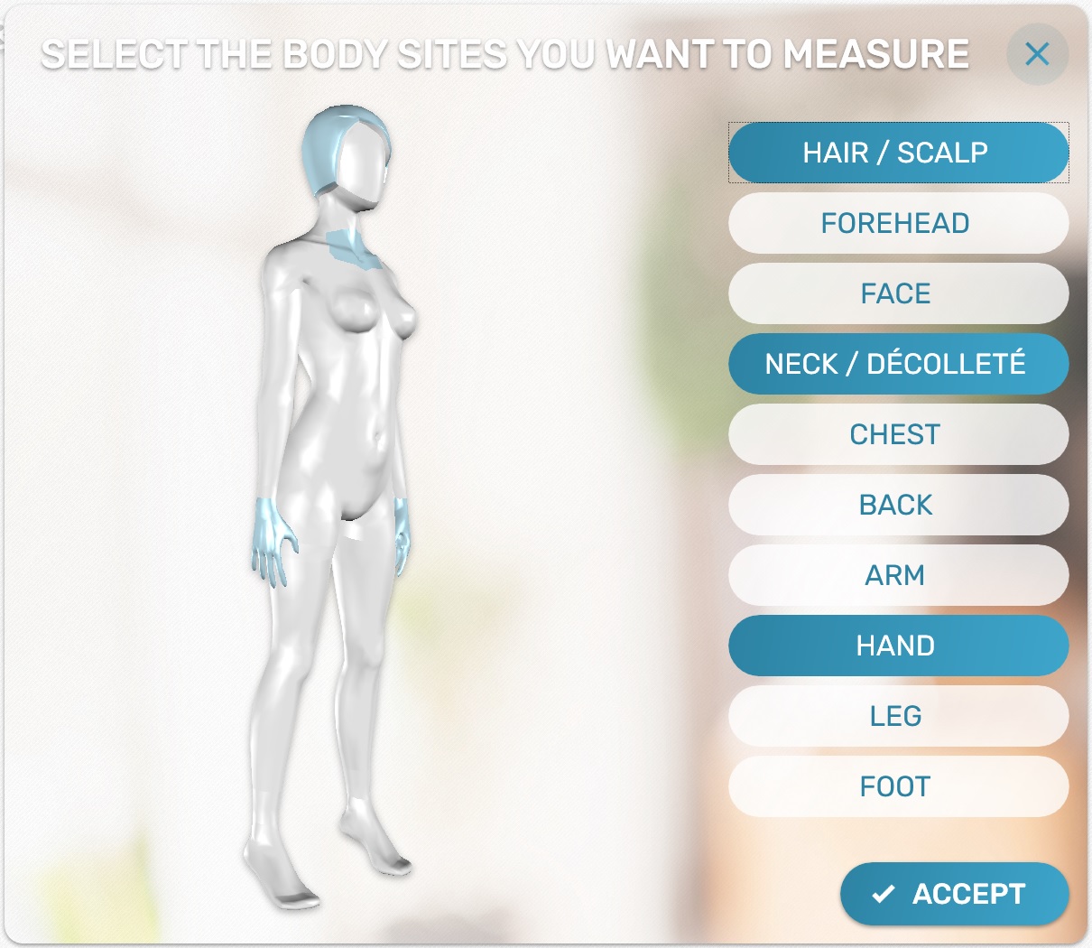 Free measurements and camera images throughout the body